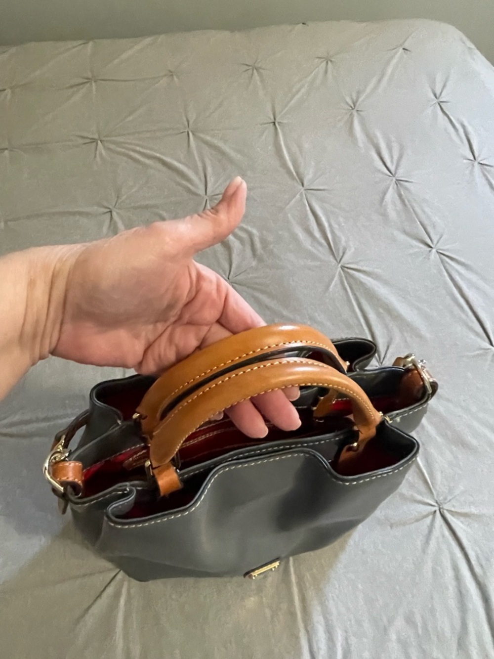 Dooney & Bourke Gray Leather Tote with Tan Handles - Picture 4 of 5
